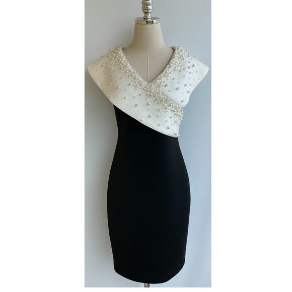 Badgley Mischka Monochrome Pearl Adorned Cocktail Dress sz 2 - Picture 2 of 12